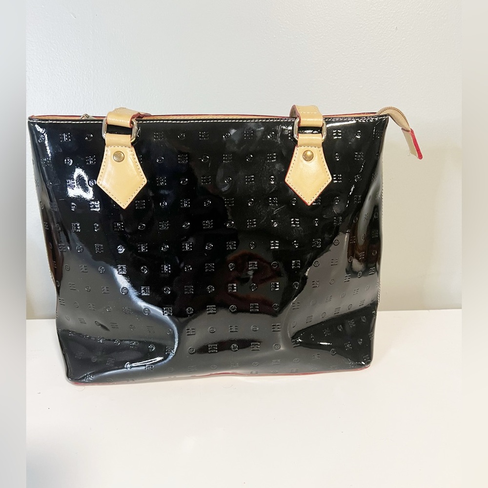 Arcadia Patent Leather Italian Embossed Logo Shoulder Bag with Tan Straps